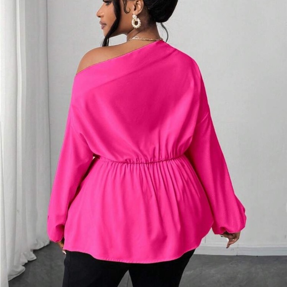Plus Size Asymmetrical Off Shoulder Top Blouse Shirt Pink - Picture 2 of 16